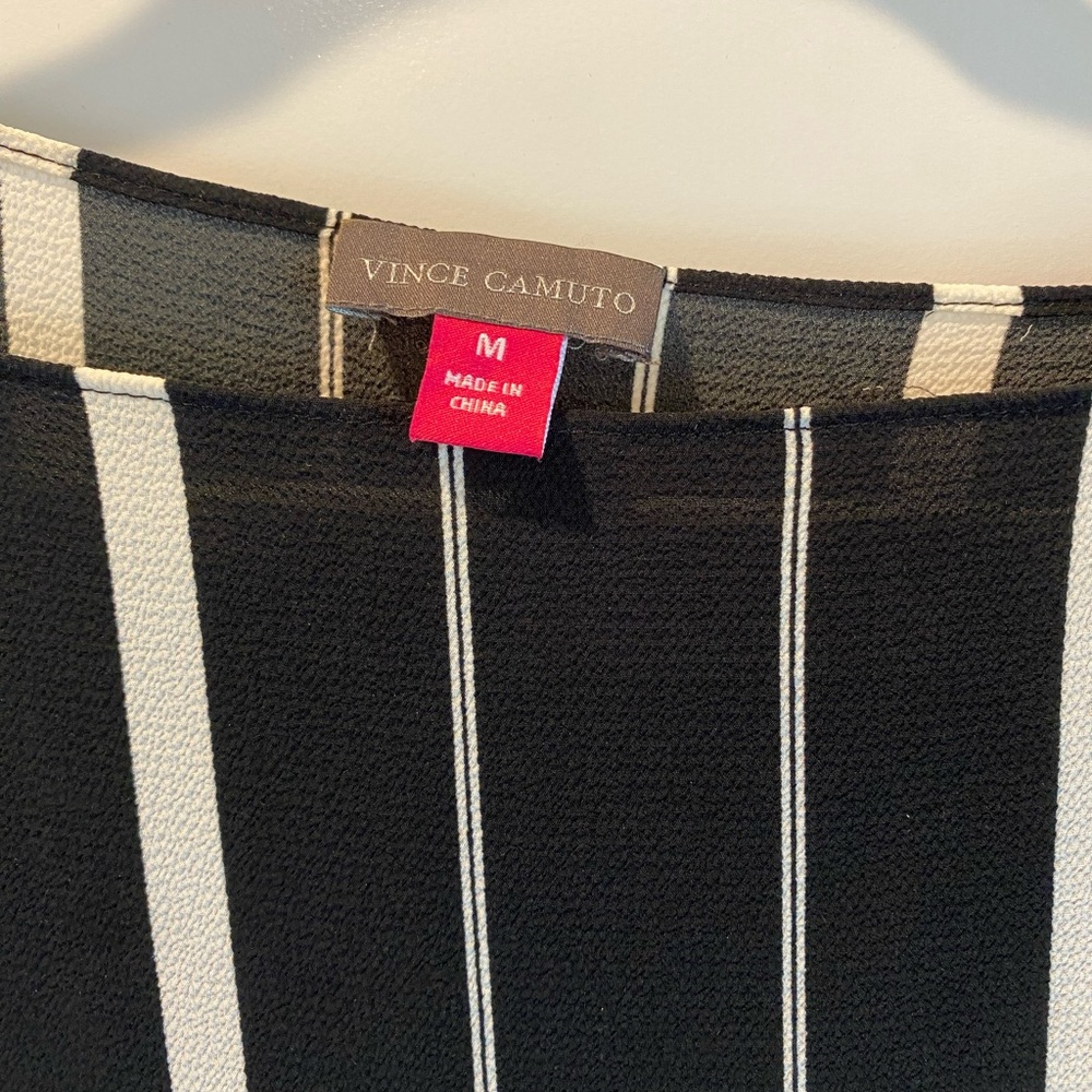 Vince Camuto Top, black and white irregular stripes with caftan like sleeves.